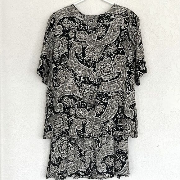 100% Silk Womens 16W 2 Piece Top and Button Down Midi Skirt Black White and Tan - Picture 1 of 13